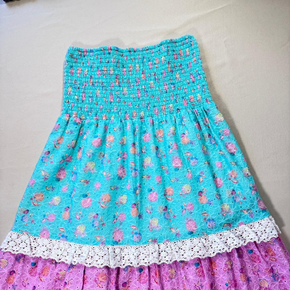 Beach Bunny Everette Maxi Skirt Teal Pink Seashell Eyelet Lace Smocked Boho NWT - Picture 8 of 13